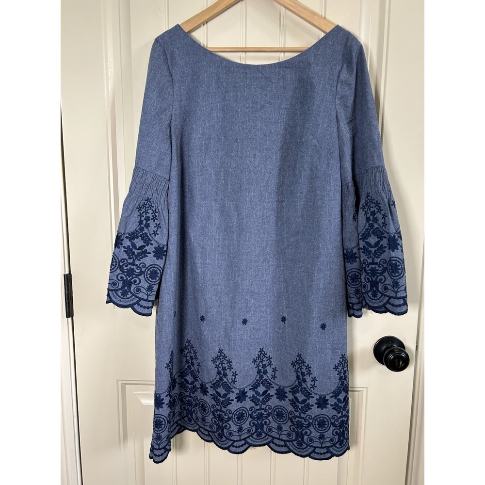 Eliza J Chambray Mini Dress Floral Embroidery Bell Sleeves Shift  Resort  Sz 14